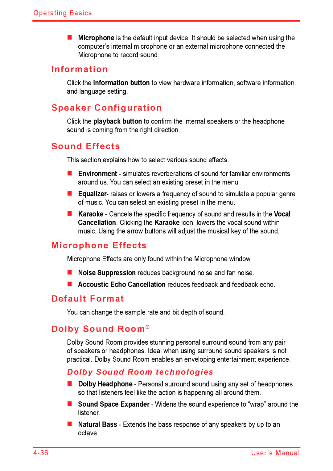 Panasonic U500D user manual Speaker Configuration, Sound Effects, Microphone Effects, Default Format, Dolby Sound Room 