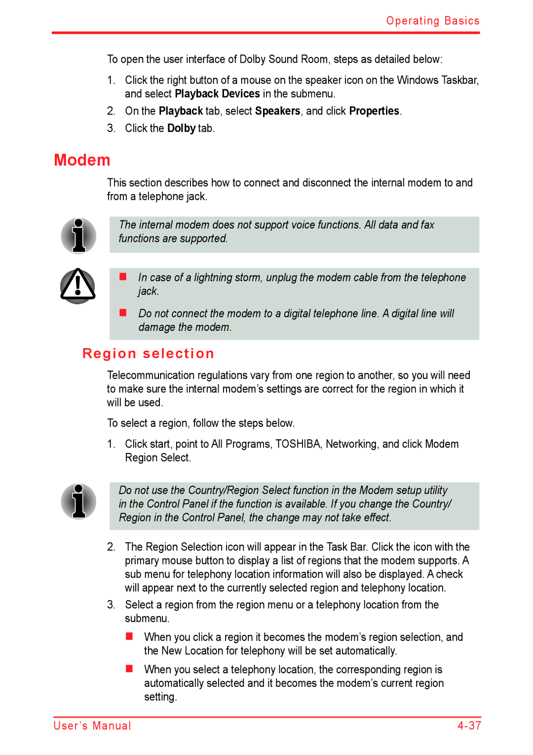 Panasonic U500D user manual Modem, Region selection 