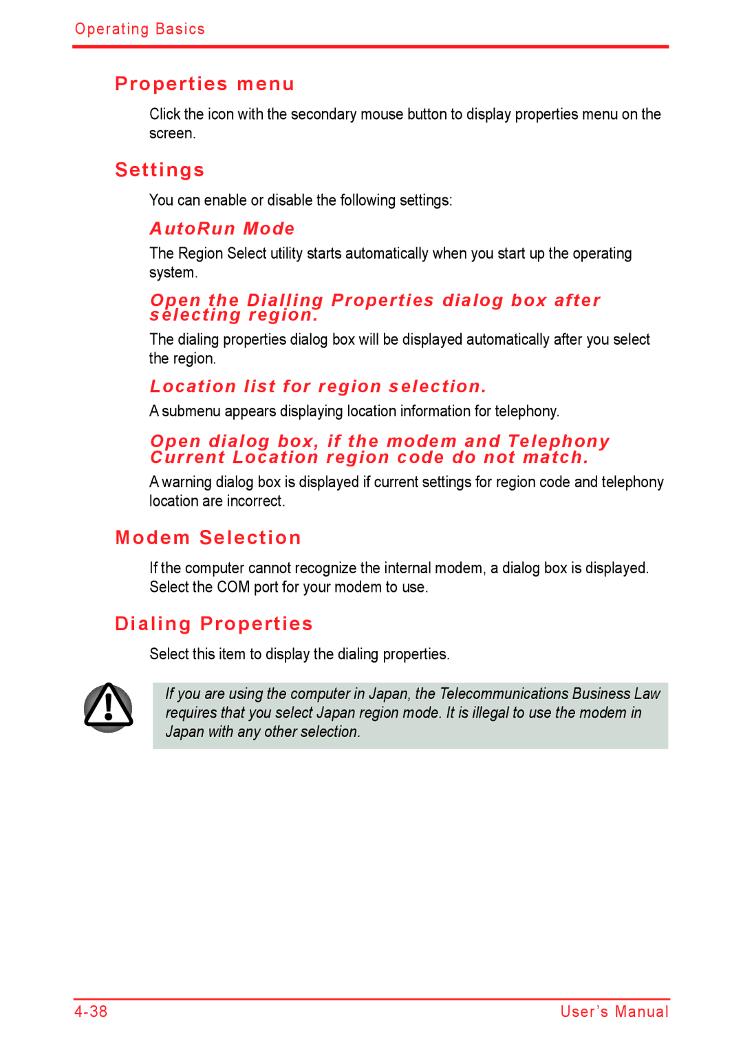 Panasonic U500D user manual Properties menu, Settings, Modem Selection, Dialing Properties 