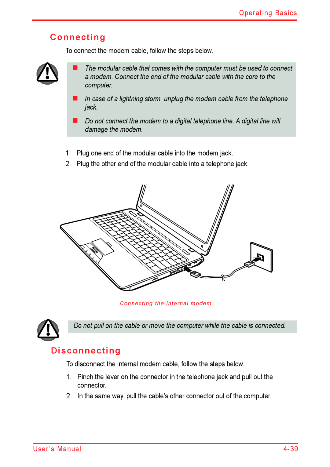 Panasonic U500D user manual Connecting, Disconnecting, To connect the modem cable, follow the steps below 