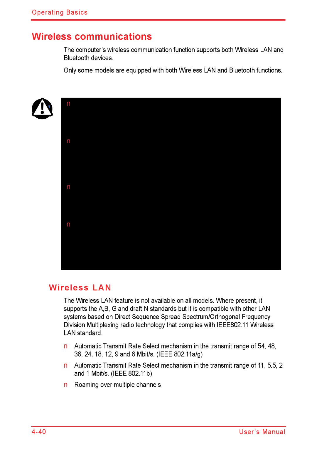 Panasonic U500D user manual Wireless communications, Wireless LAN 