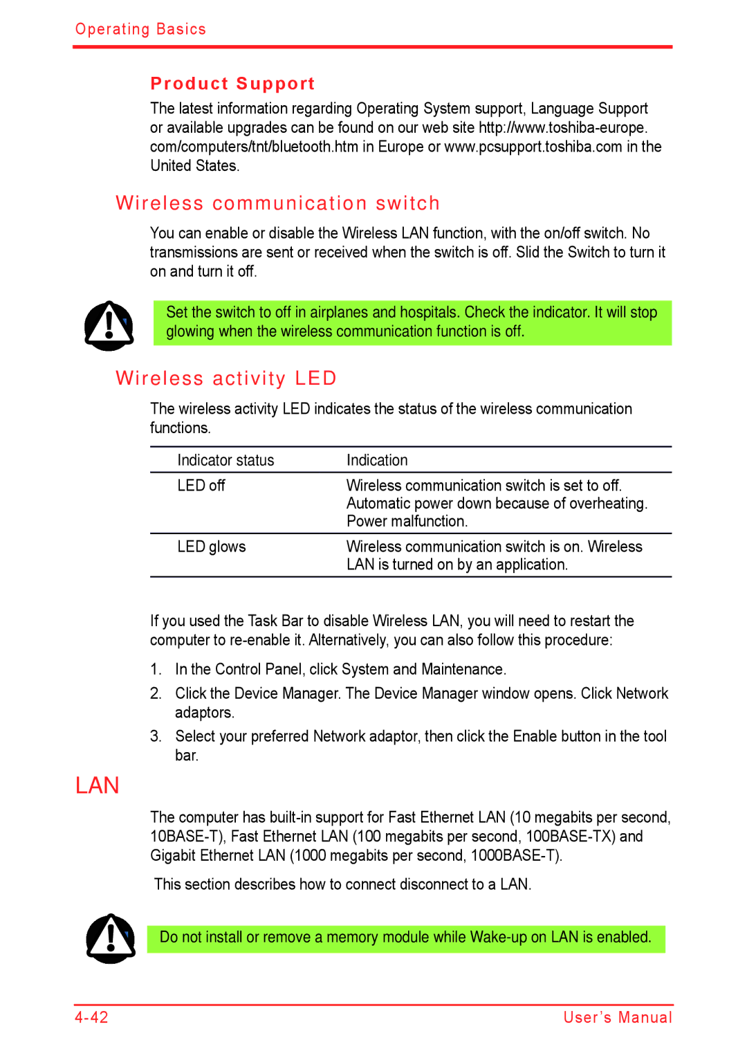 Panasonic U500D Wireless communication switch, Wireless activity LED, Product Support, Indicator status Indication 