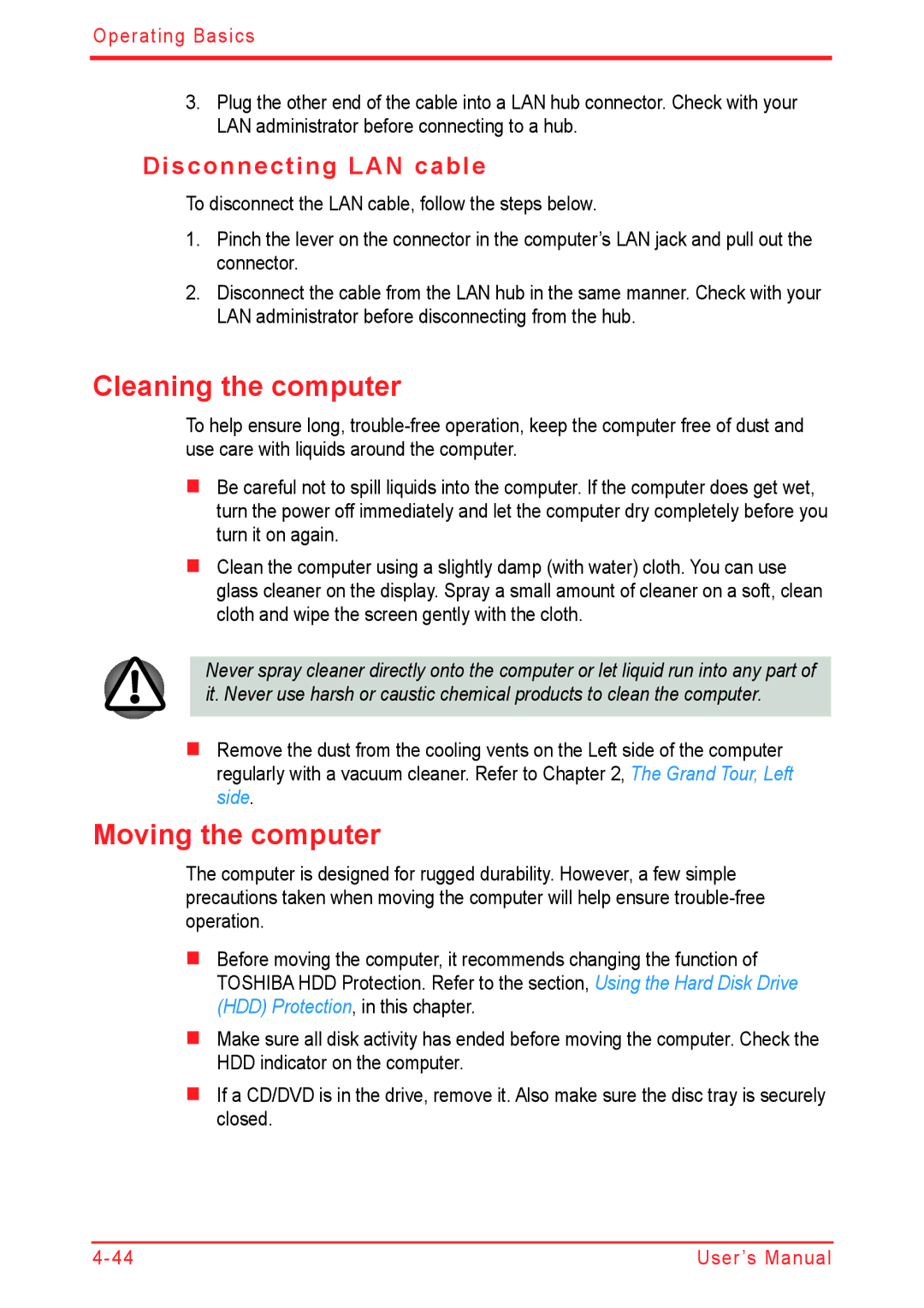 Panasonic U500D user manual Cleaning the computer, Moving the computer, Disconnecting LAN cable 