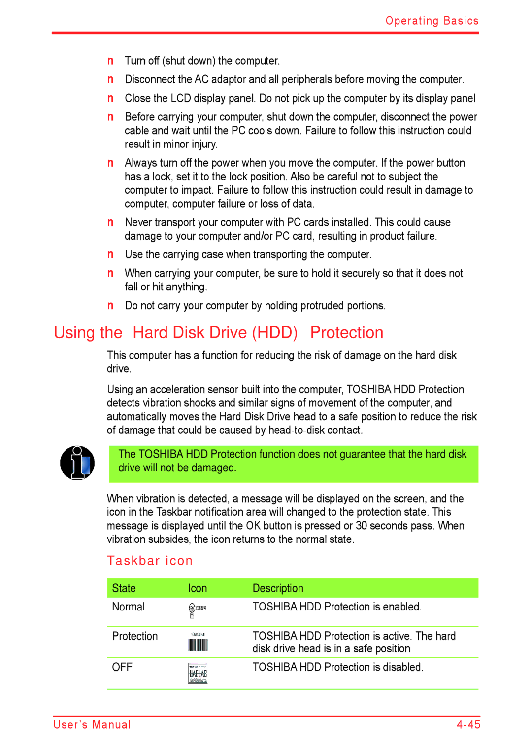 Panasonic U500D user manual Using the Hard Disk Drive HDD Protection, Taskbar icon, Disk drive head is in a safe position 