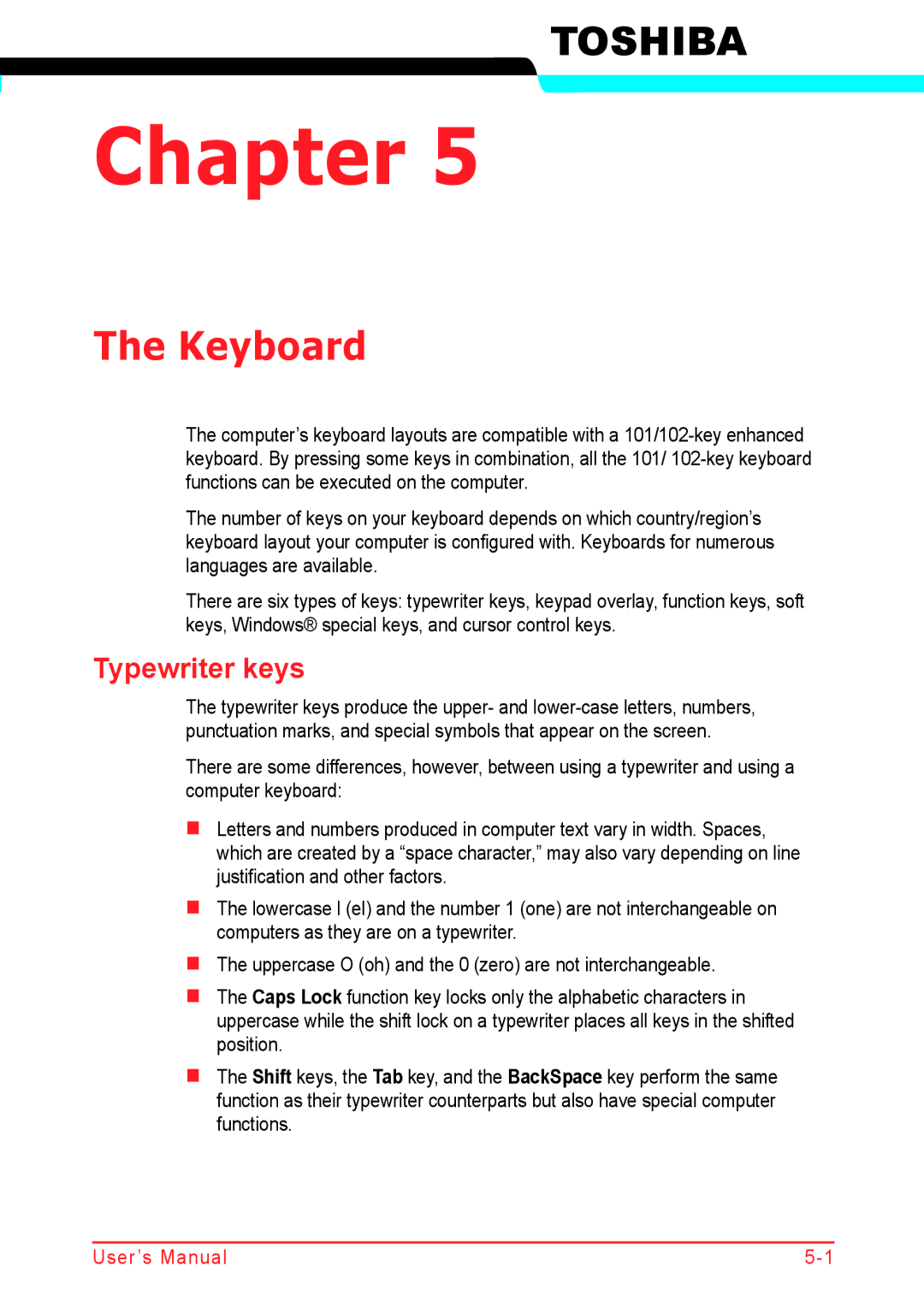 Panasonic U500D user manual Keyboard, Typewriter keys 