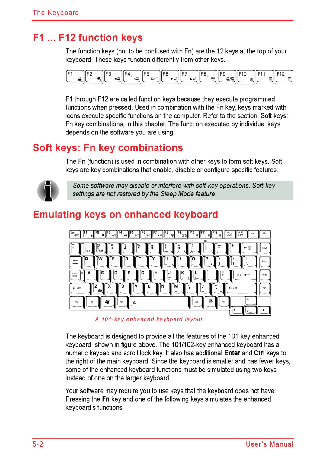 Panasonic U500D user manual F1 ... F12 function keys, Soft keys Fn key combinations, Emulating keys on enhanced keyboard 