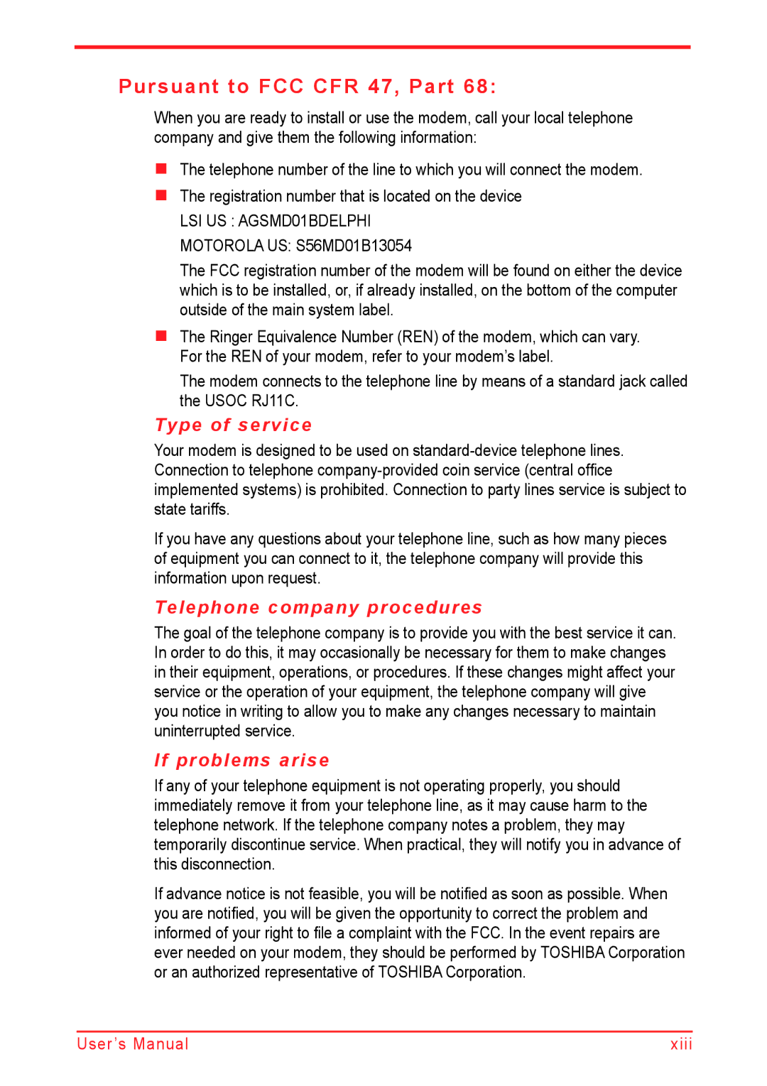 Panasonic U500D user manual Pursuant to FCC CFR 47, Part, Type of service, Telephone company procedures, If problems arise 