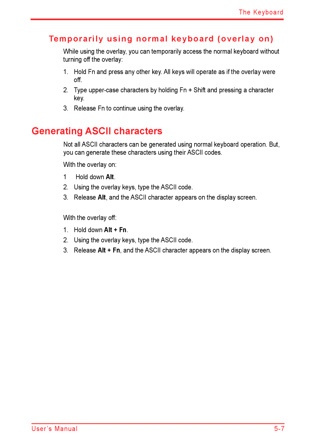 Panasonic U500D user manual Generating Ascii characters, Temporarily using normal keyboard overlay on 