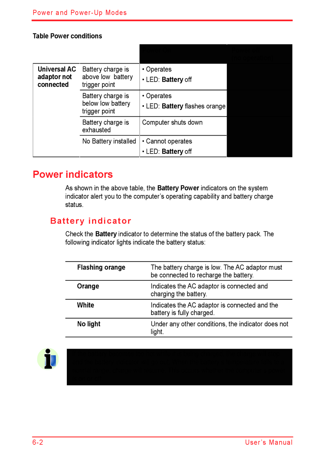 Panasonic U500D user manual Power indicators, Battery indicator 