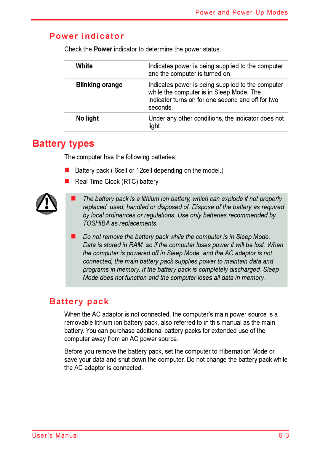 Panasonic U500D user manual Battery types, Power indicator, Battery pack, Blinking orange 