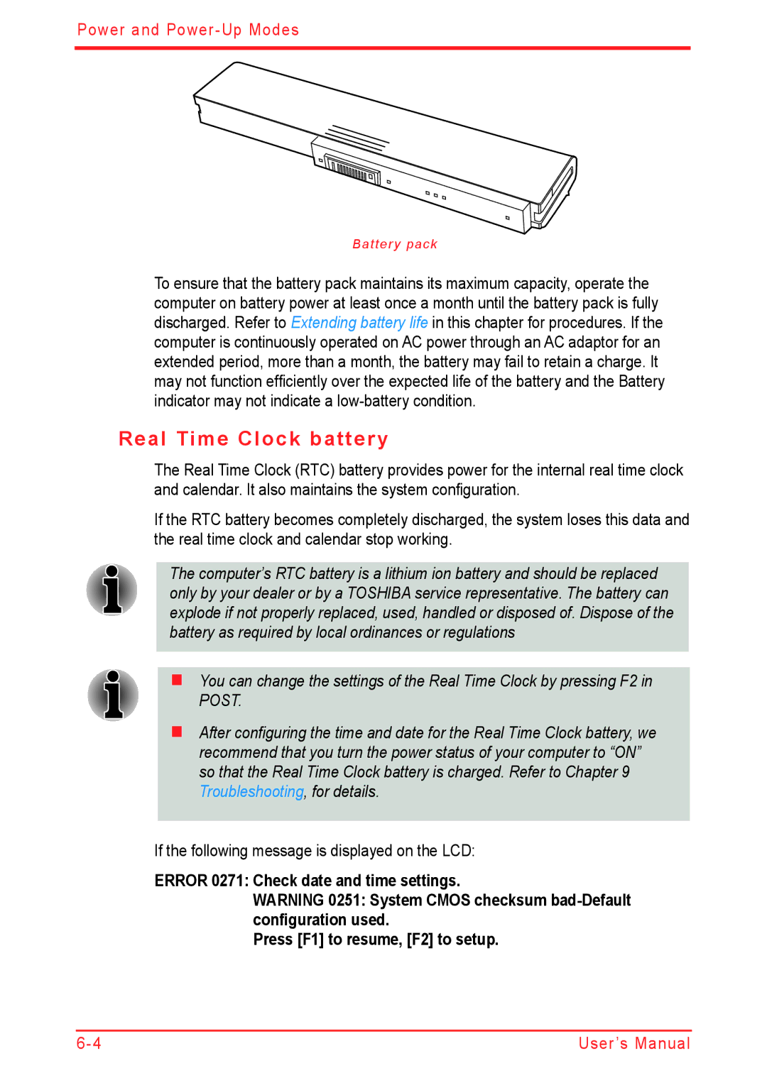 Panasonic U500D user manual Real Time Clock battery, If the following message is displayed on the LCD 