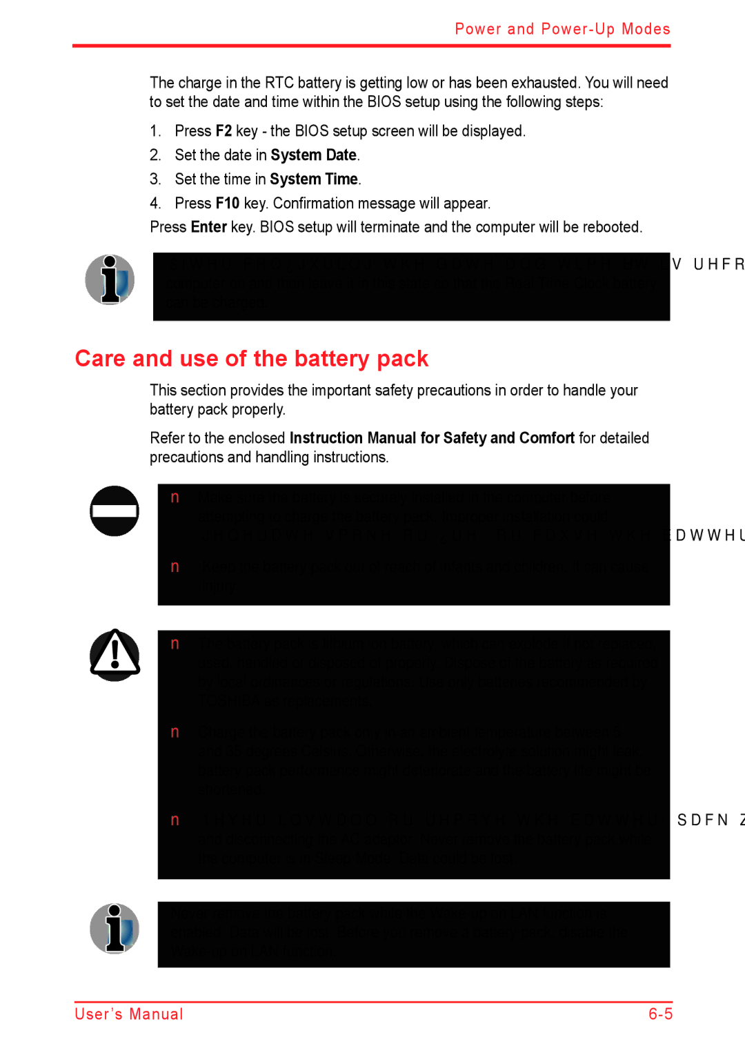 Panasonic U500D user manual Care and use of the battery pack 