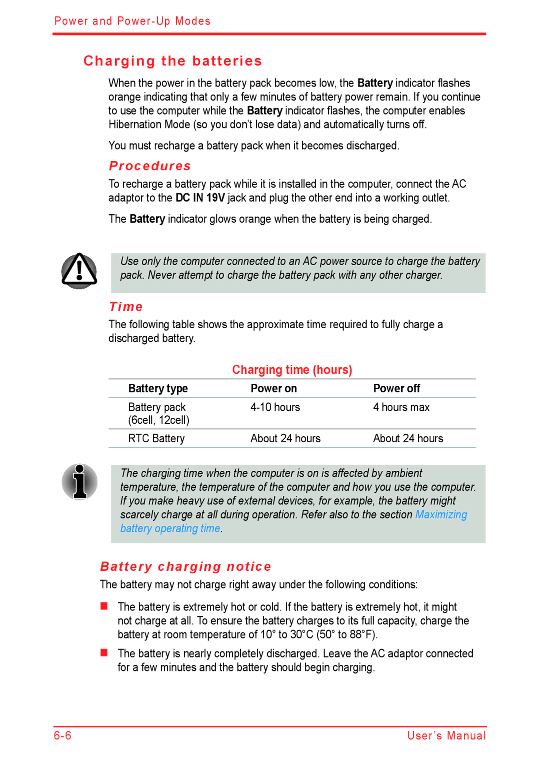 Panasonic U500D Charging the batteries, Procedures, Time, Battery charging notice, Battery type Power on Power off 