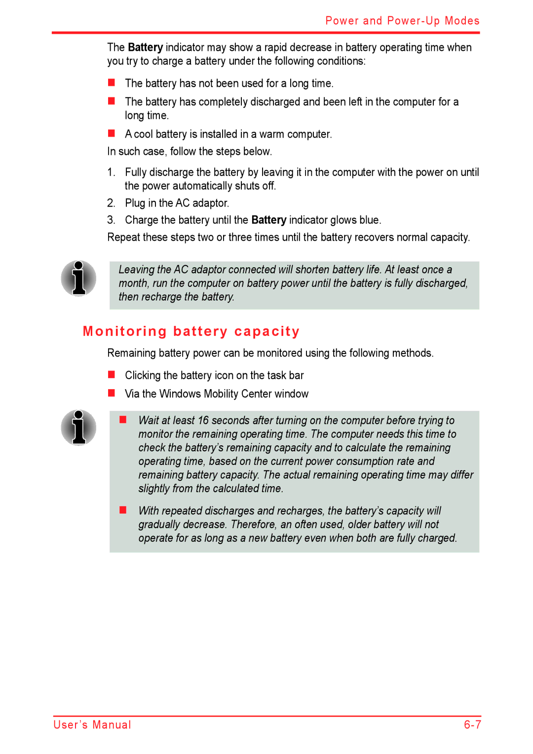 Panasonic U500D user manual Monitoring battery capacity 