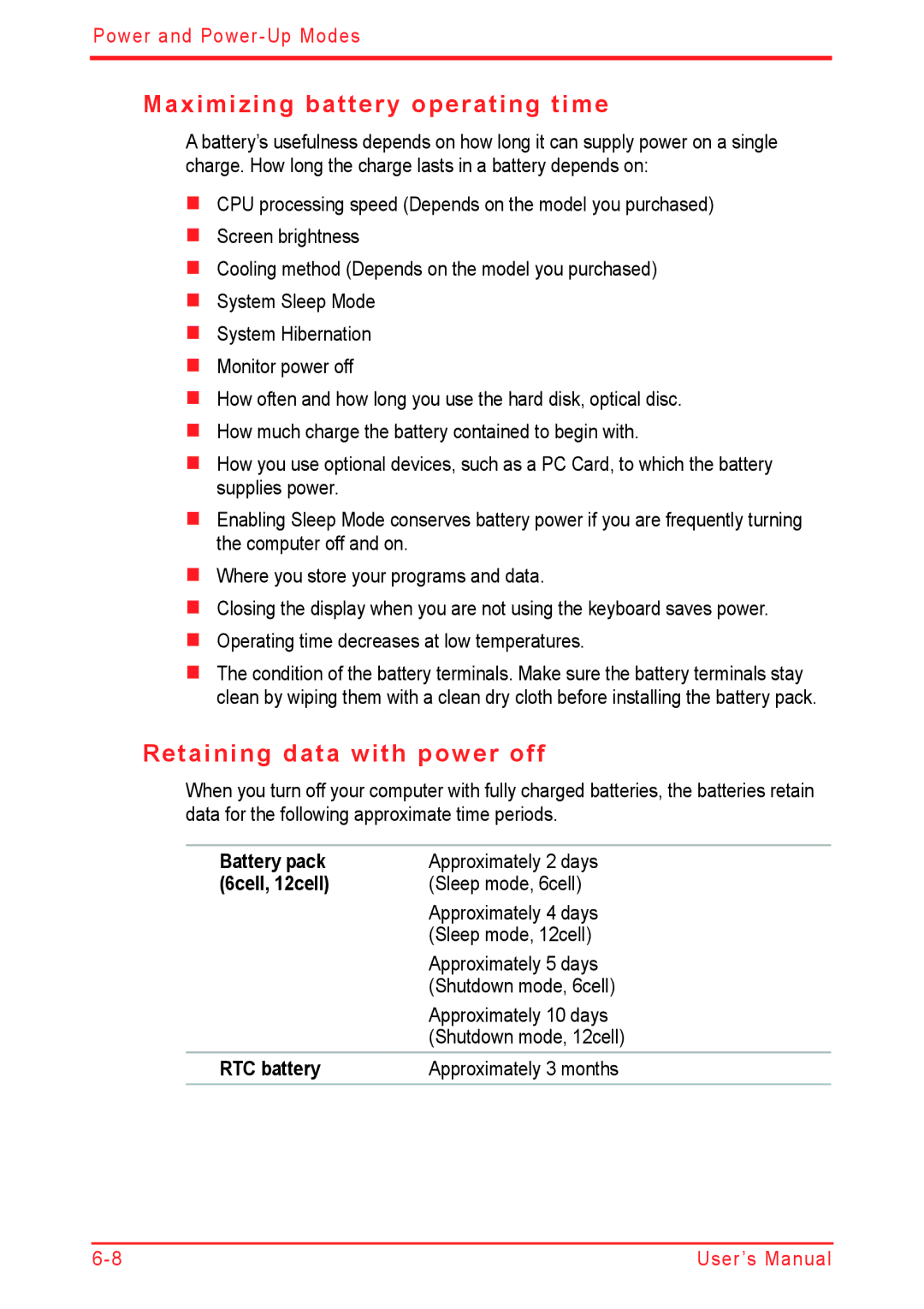 Panasonic U500D user manual Maximizing battery operating time, Retaining data with power off, 6cell, 12cell 