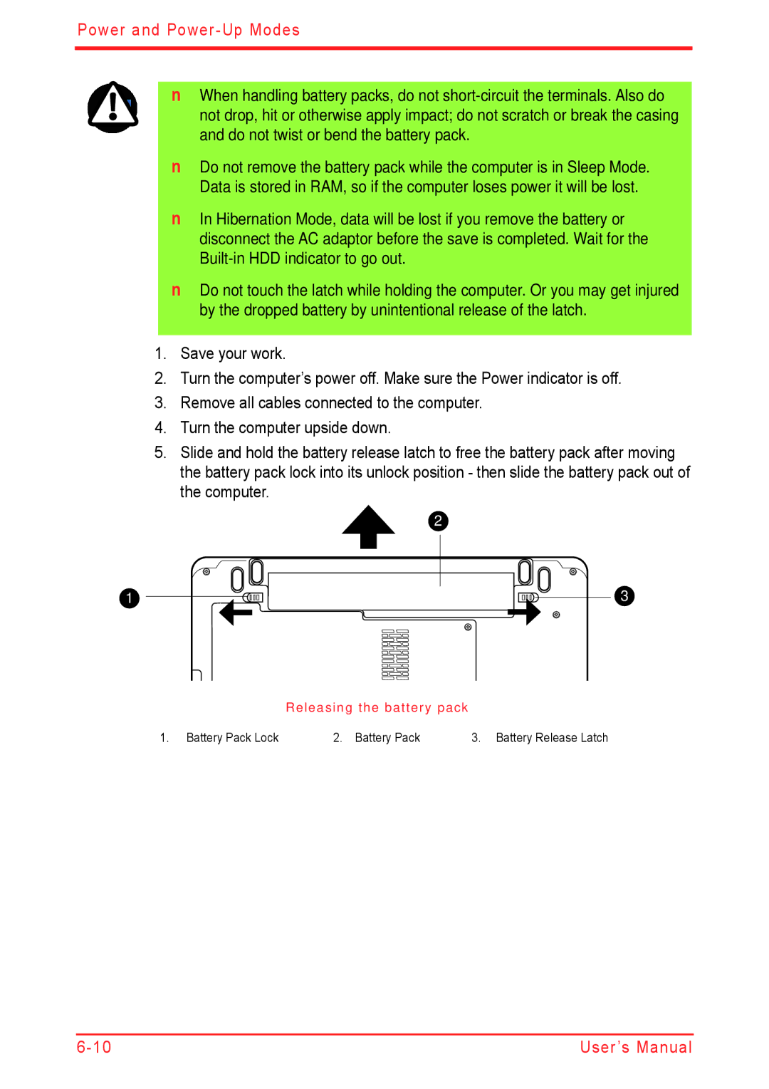 Panasonic U500D user manual Releasing the battery pack 