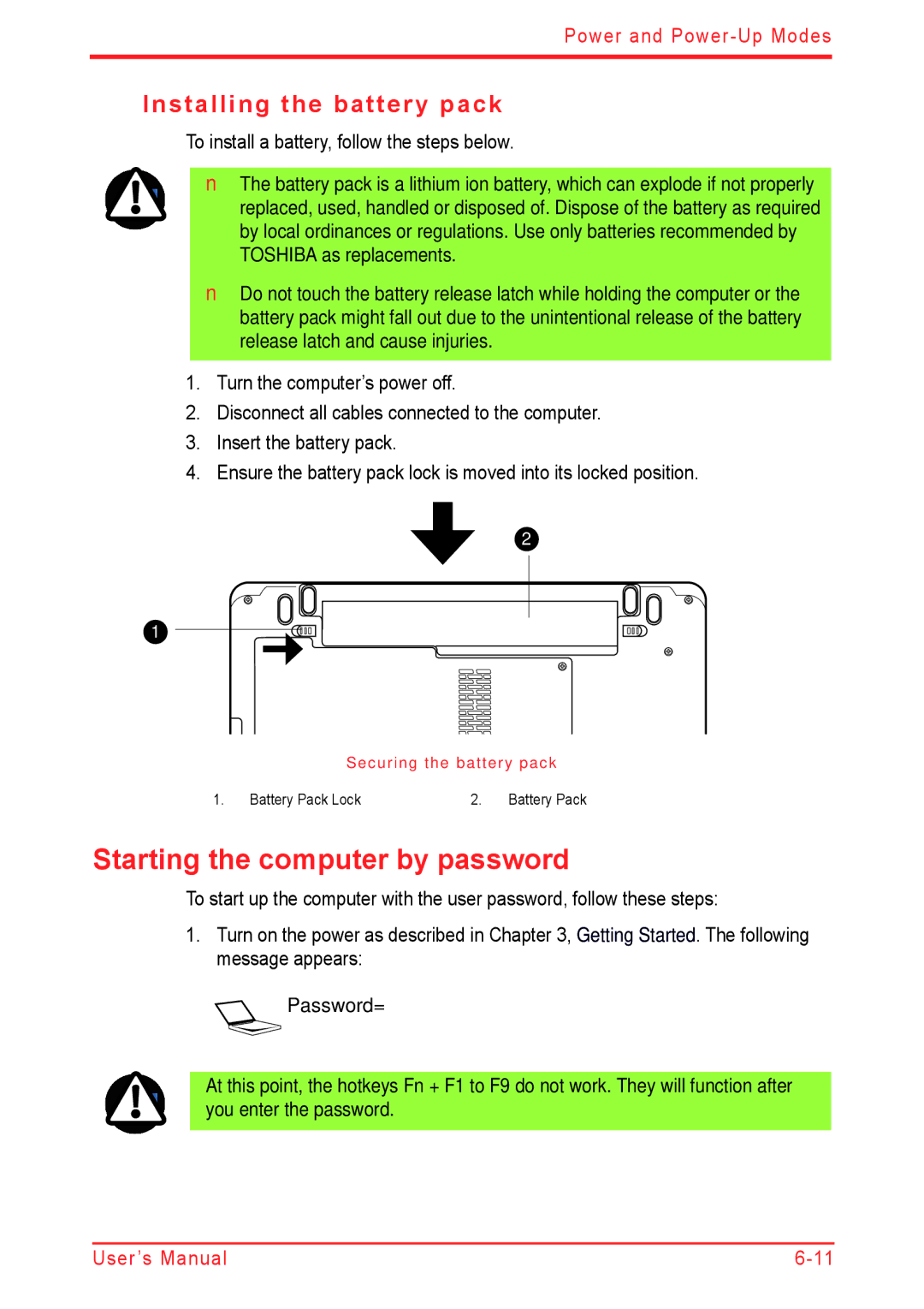 Panasonic U500D user manual Starting the computer by password, Installing the battery pack 