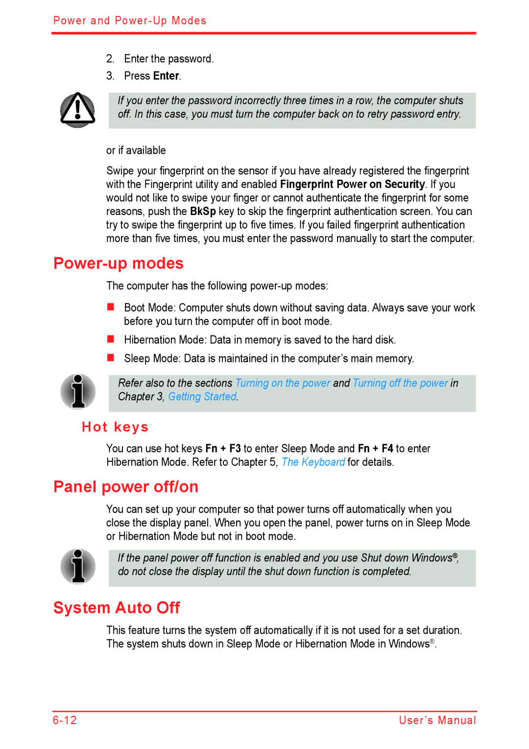 Panasonic U500D user manual Power-up modes, Panel power off/on, System Auto Off, Hot keys 