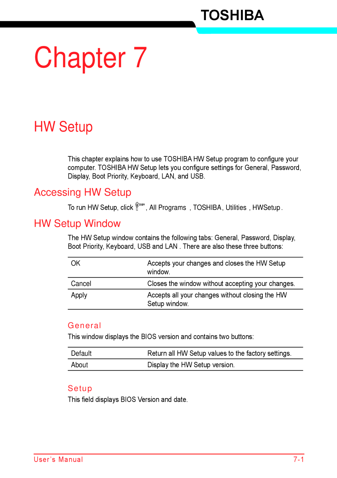 Panasonic U500D user manual Accessing HW Setup, HW Setup Window 