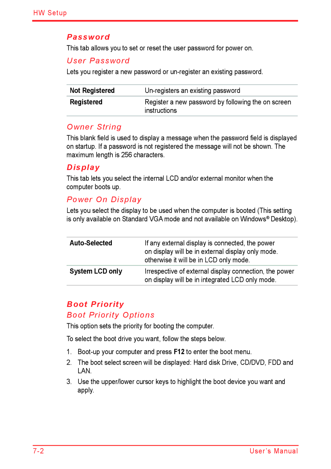 Panasonic U500D user manual Password, Boot Priority 