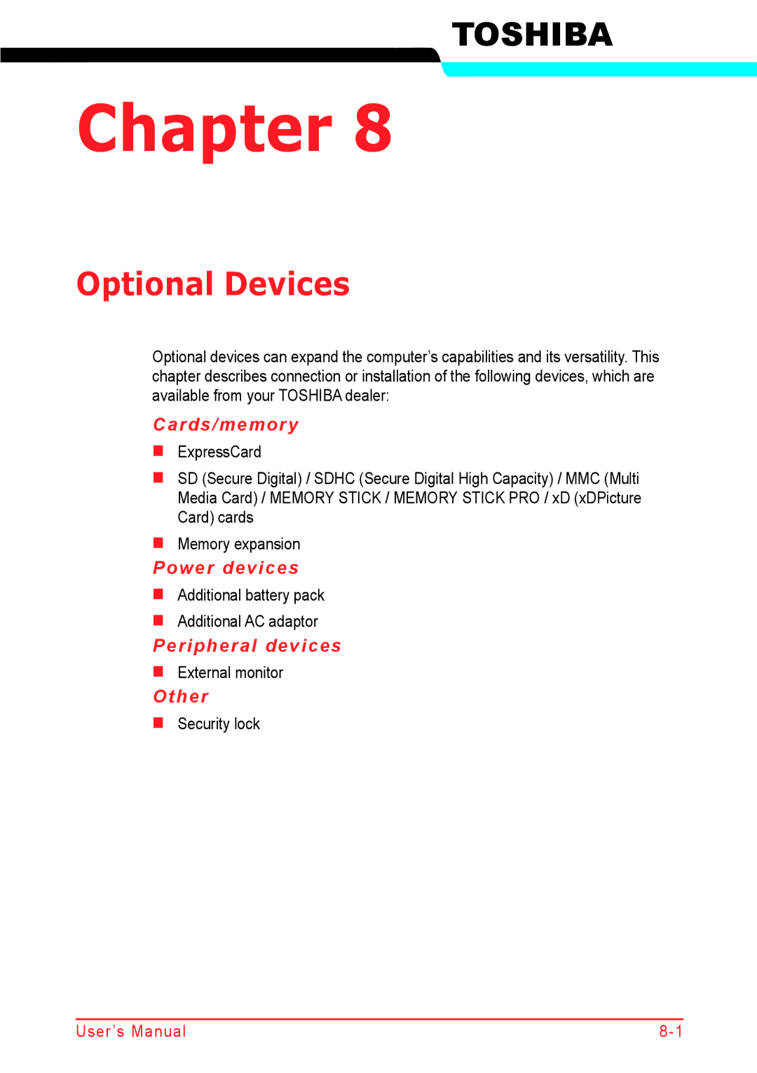 Panasonic U500D user manual Optional Devices, Cards/memory, Power devices, Peripheral devices, Other 