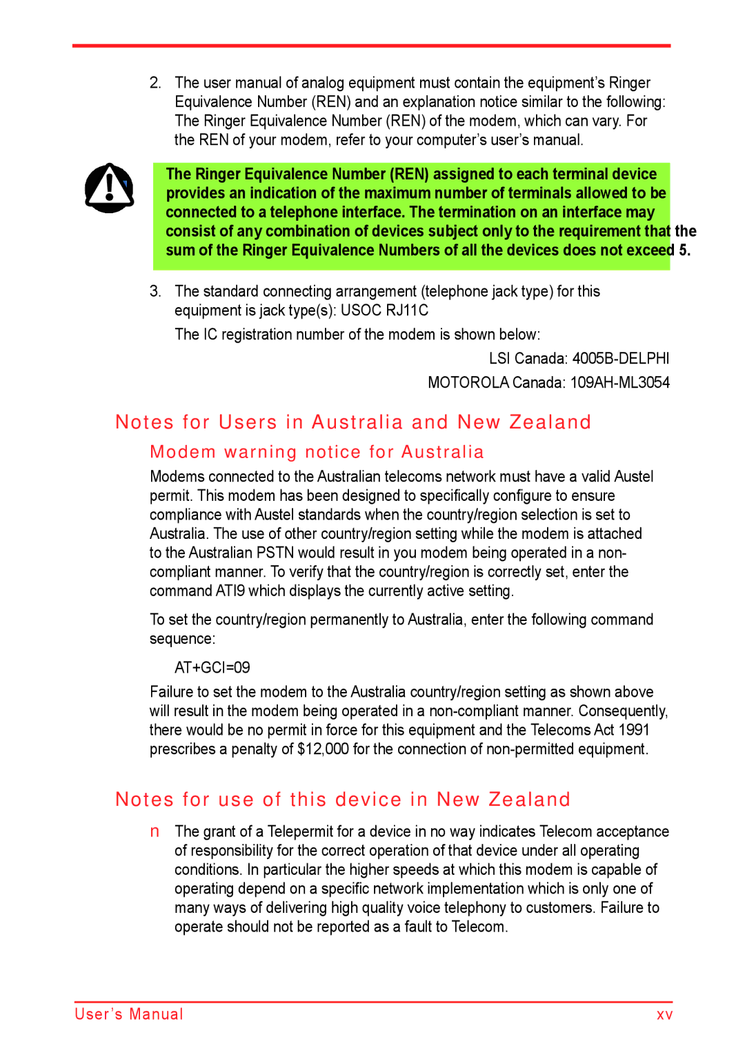 Panasonic U500D user manual Modem warning notice for Australia, AT+GCI=09 