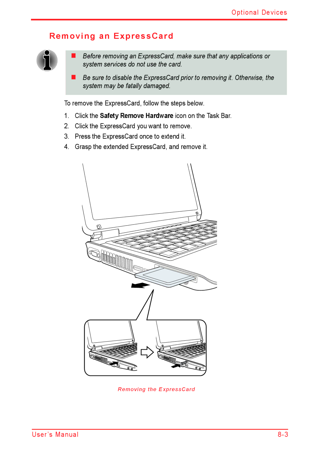 Panasonic U500D user manual Removing an ExpressCard 