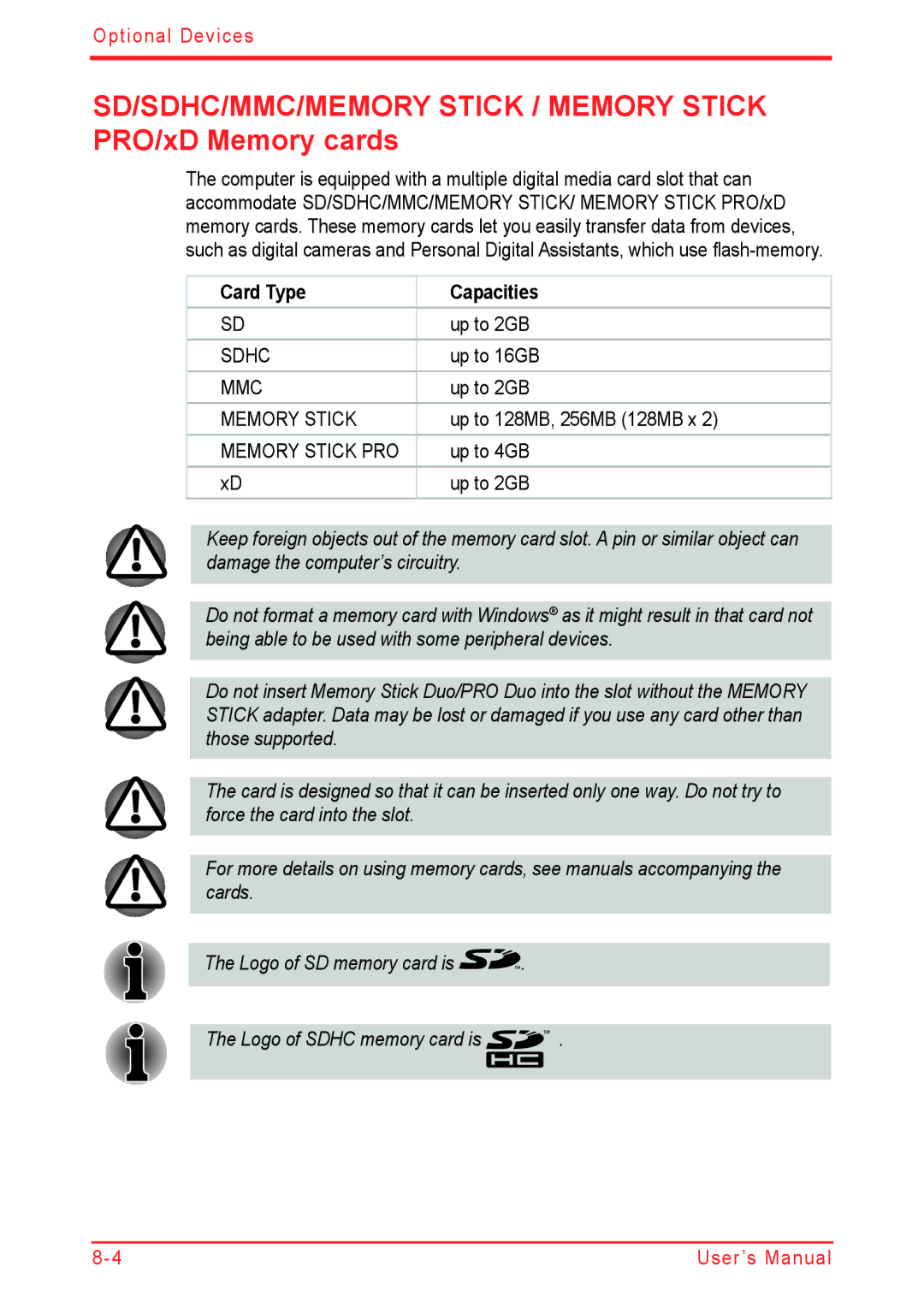 Panasonic U500D user manual SD/SDHC/MMC/MEMORY Stick / Memory Stick PRO/xD Memory cards, Card Type Capacities 