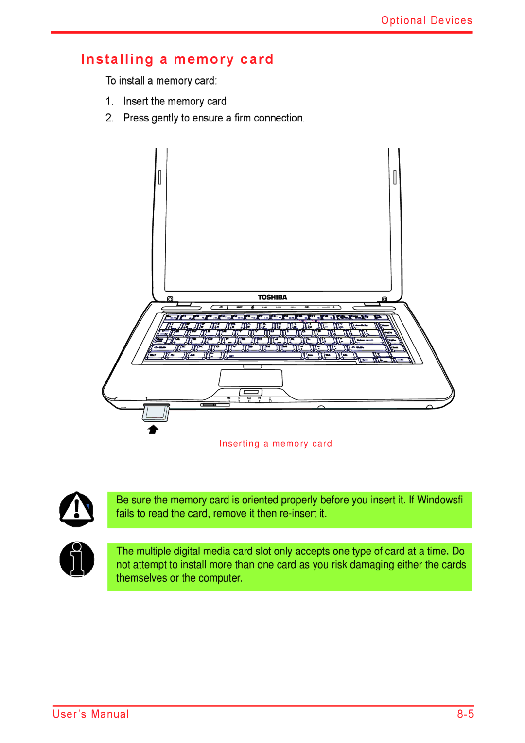 Panasonic U500D user manual Installing a memory card 