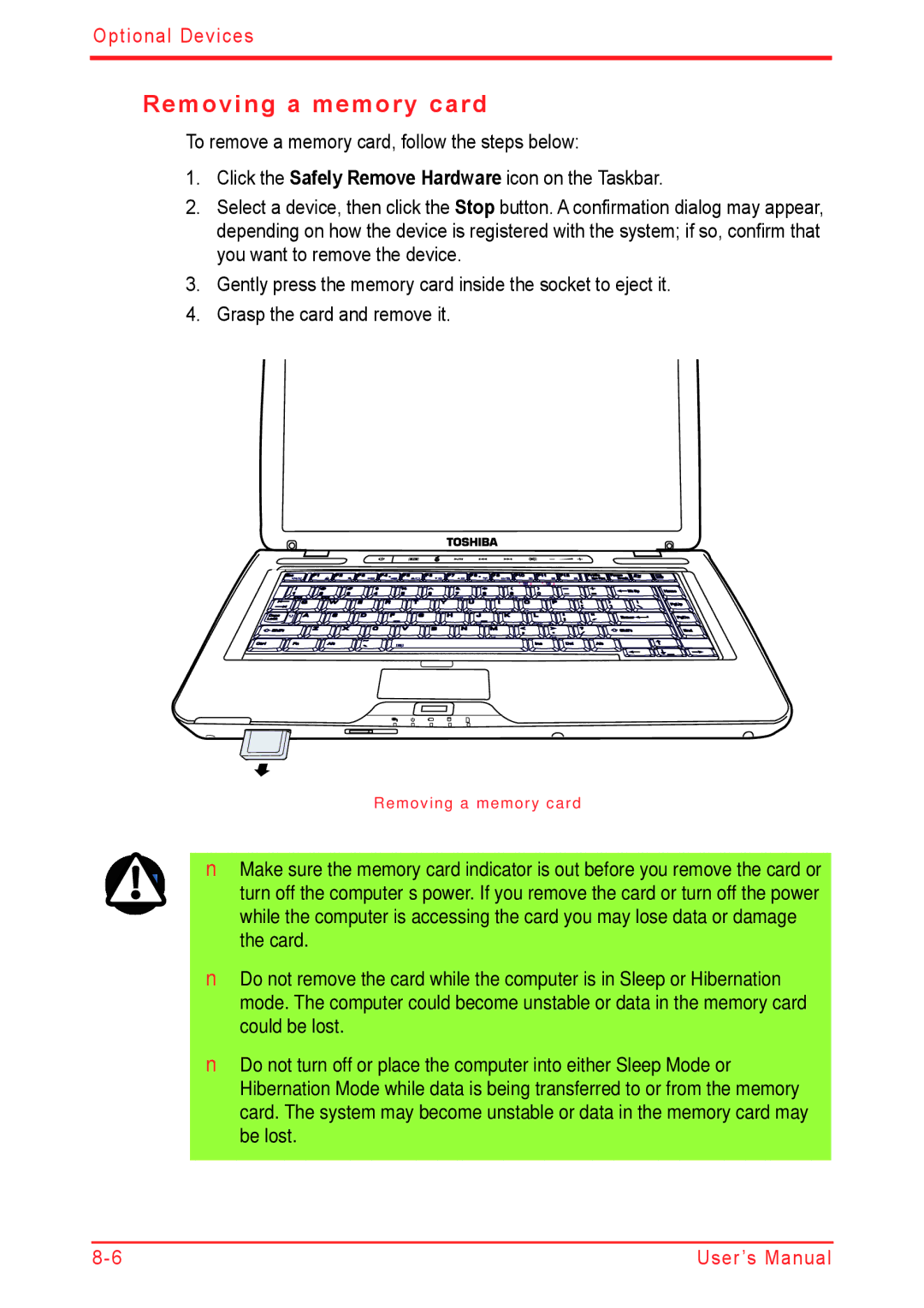 Panasonic U500D user manual Removing a memory card 