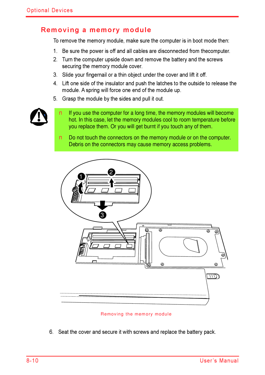 Panasonic U500D user manual Removing a memory module 