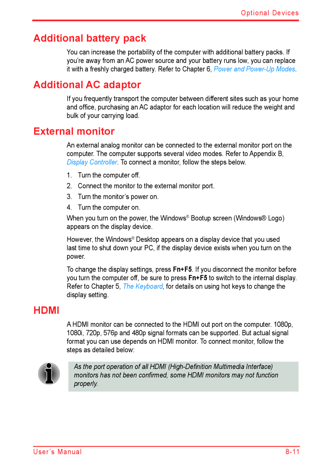 Panasonic U500D user manual Additional battery pack, Additional AC adaptor, External monitor 