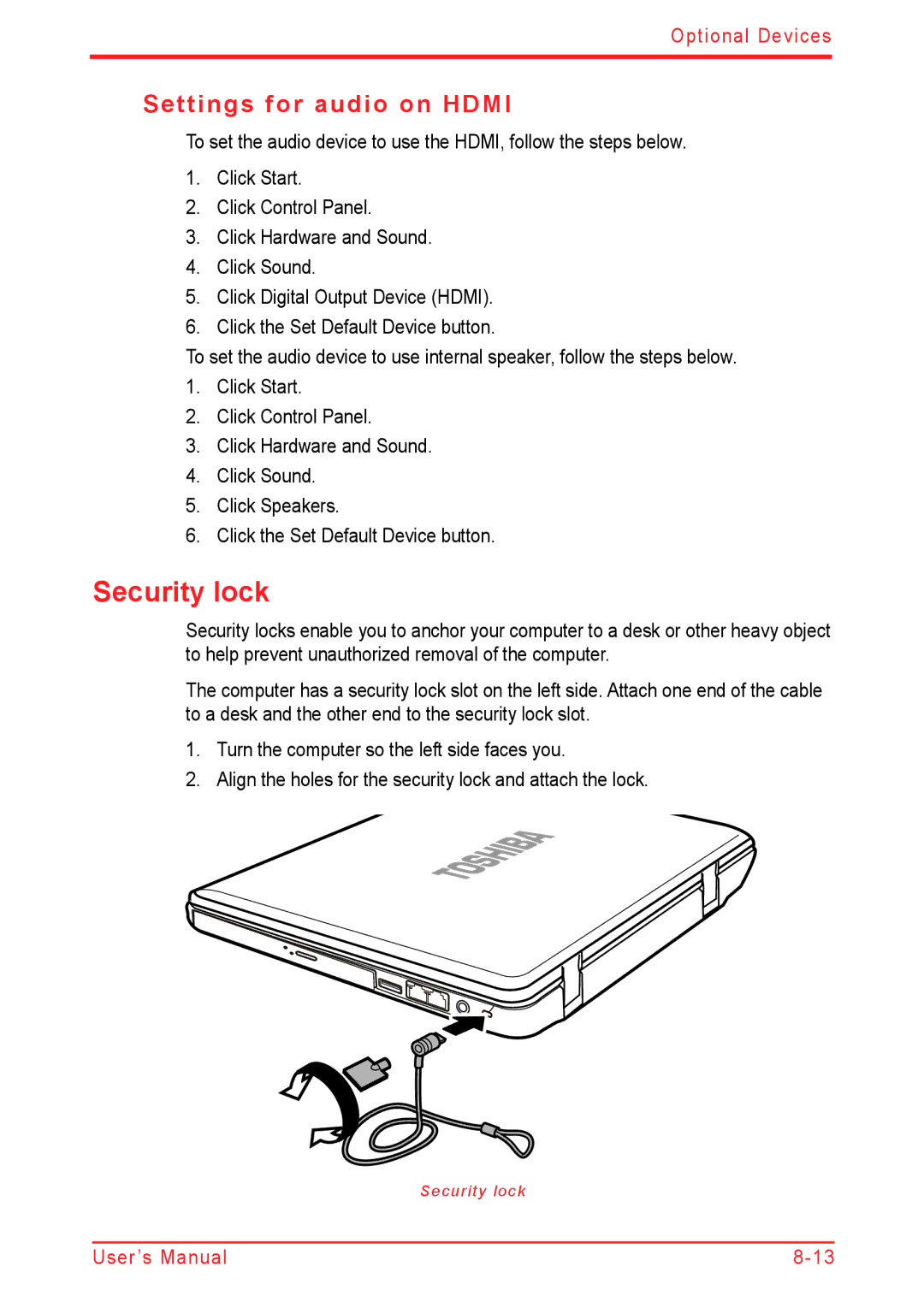 Panasonic U500D user manual Security lock, Settings for audio on Hdmi 