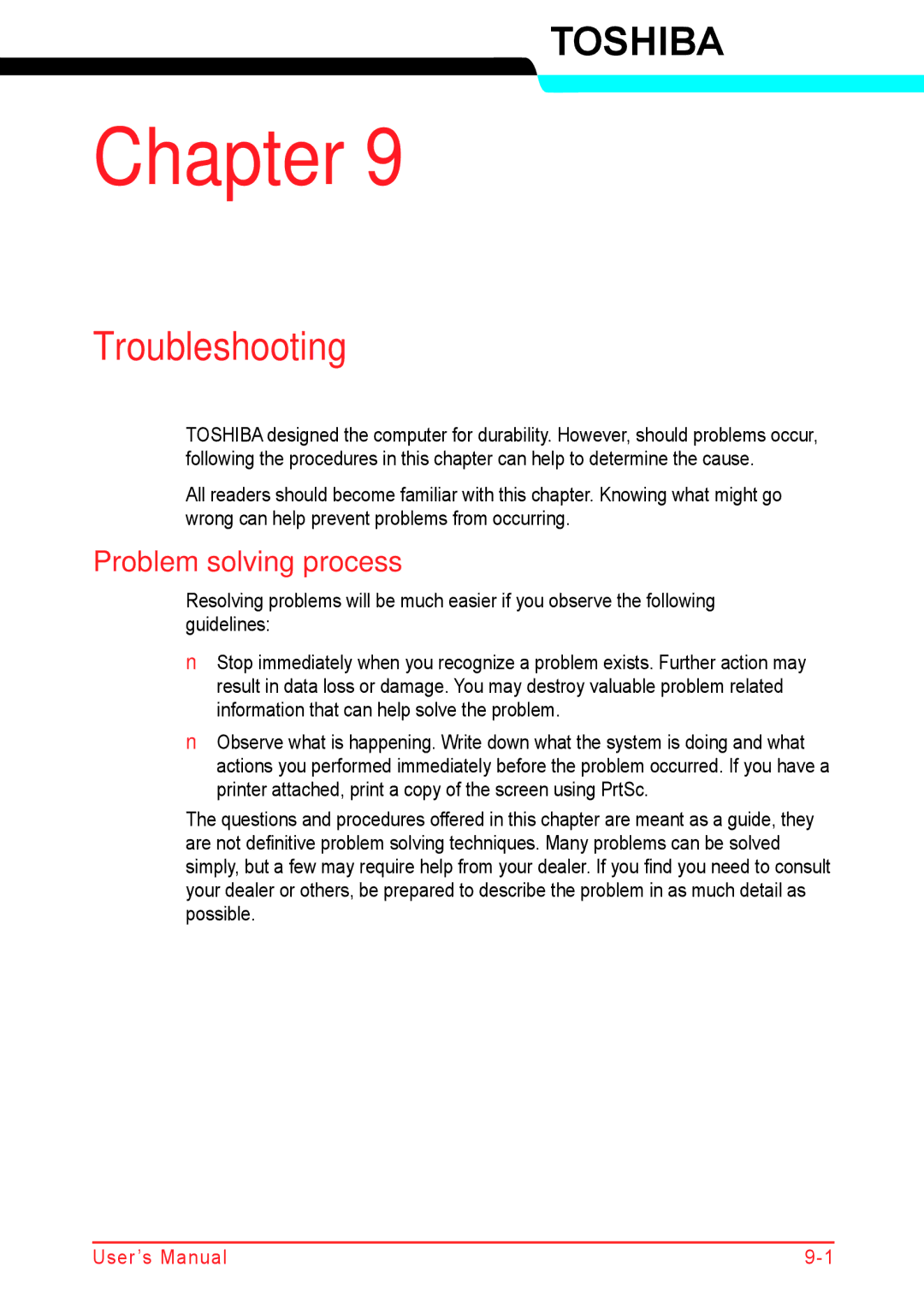 Panasonic U500D user manual Troubleshooting, Problem solving process 