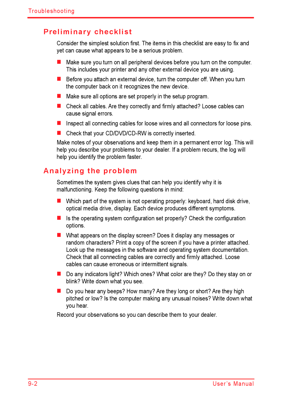 Panasonic U500D user manual Preliminary checklist, Analyzing the problem 