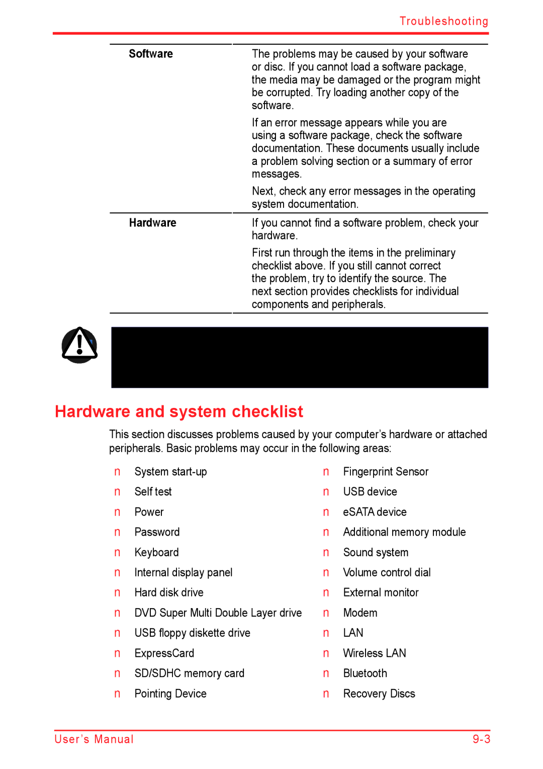 Panasonic U500D user manual Hardware and system checklist, Software 