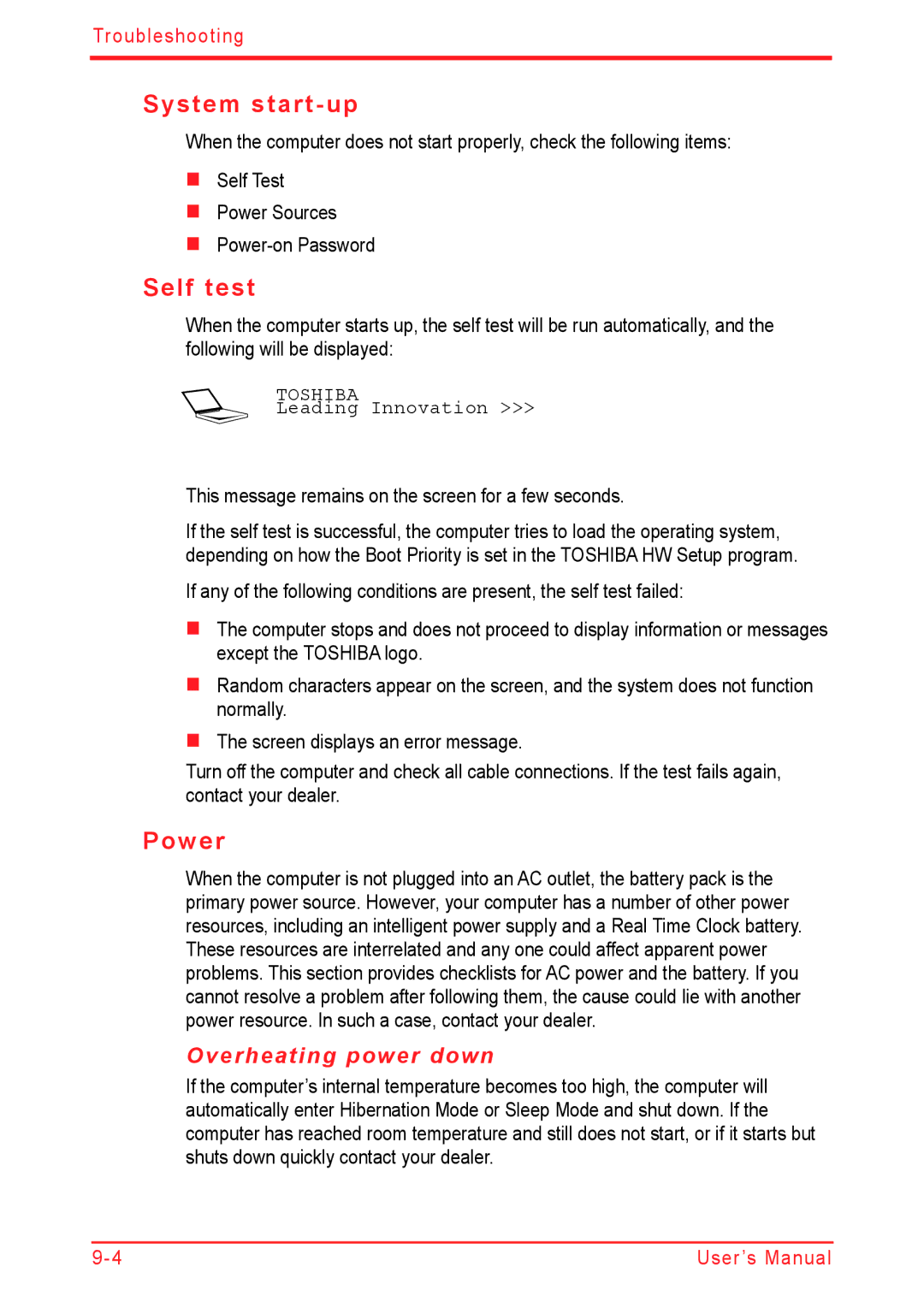 Panasonic U500D user manual System start-up, Self test, Power, Overheating power down 