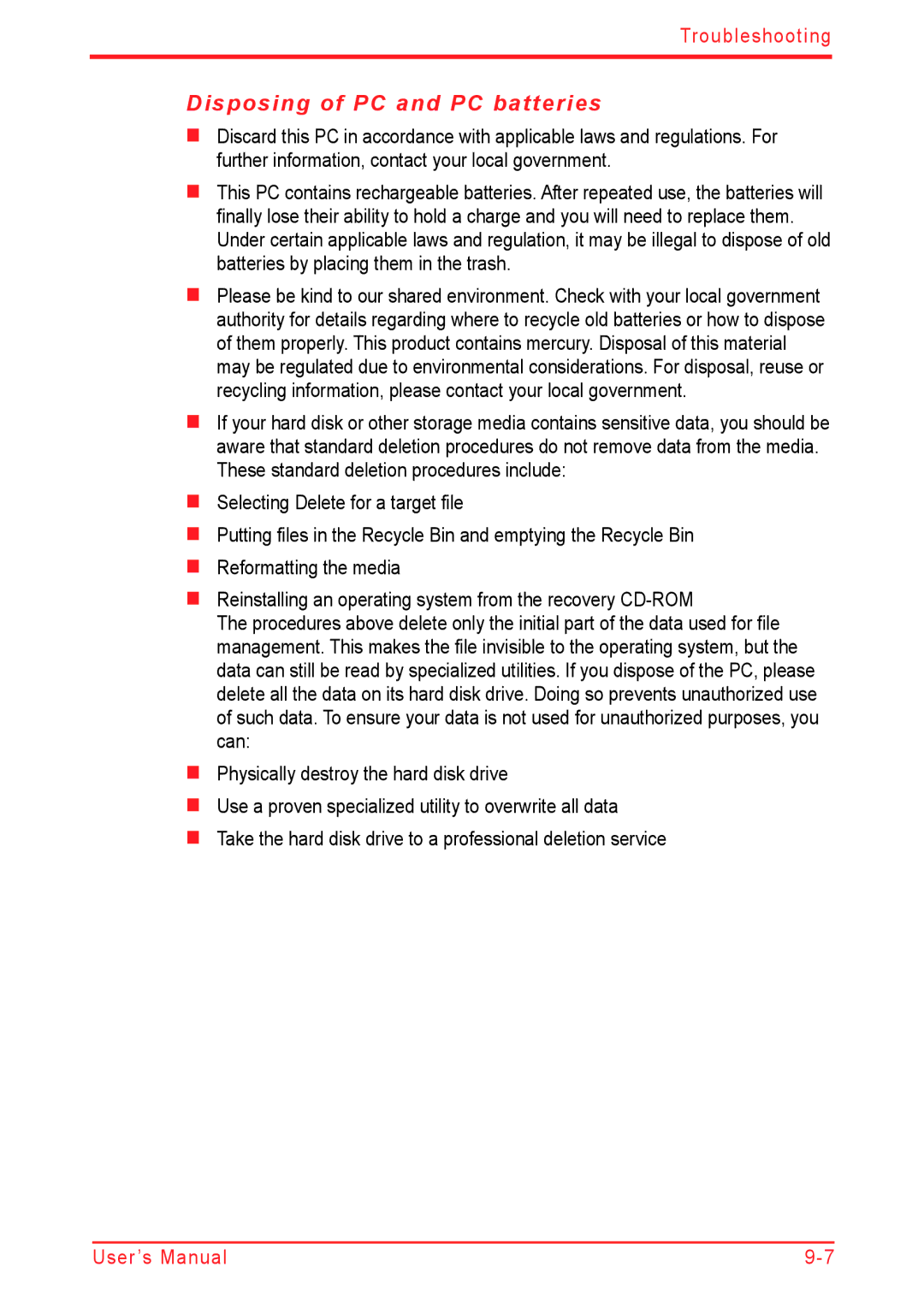 Panasonic U500D user manual Disposing of PC and PC batteries 