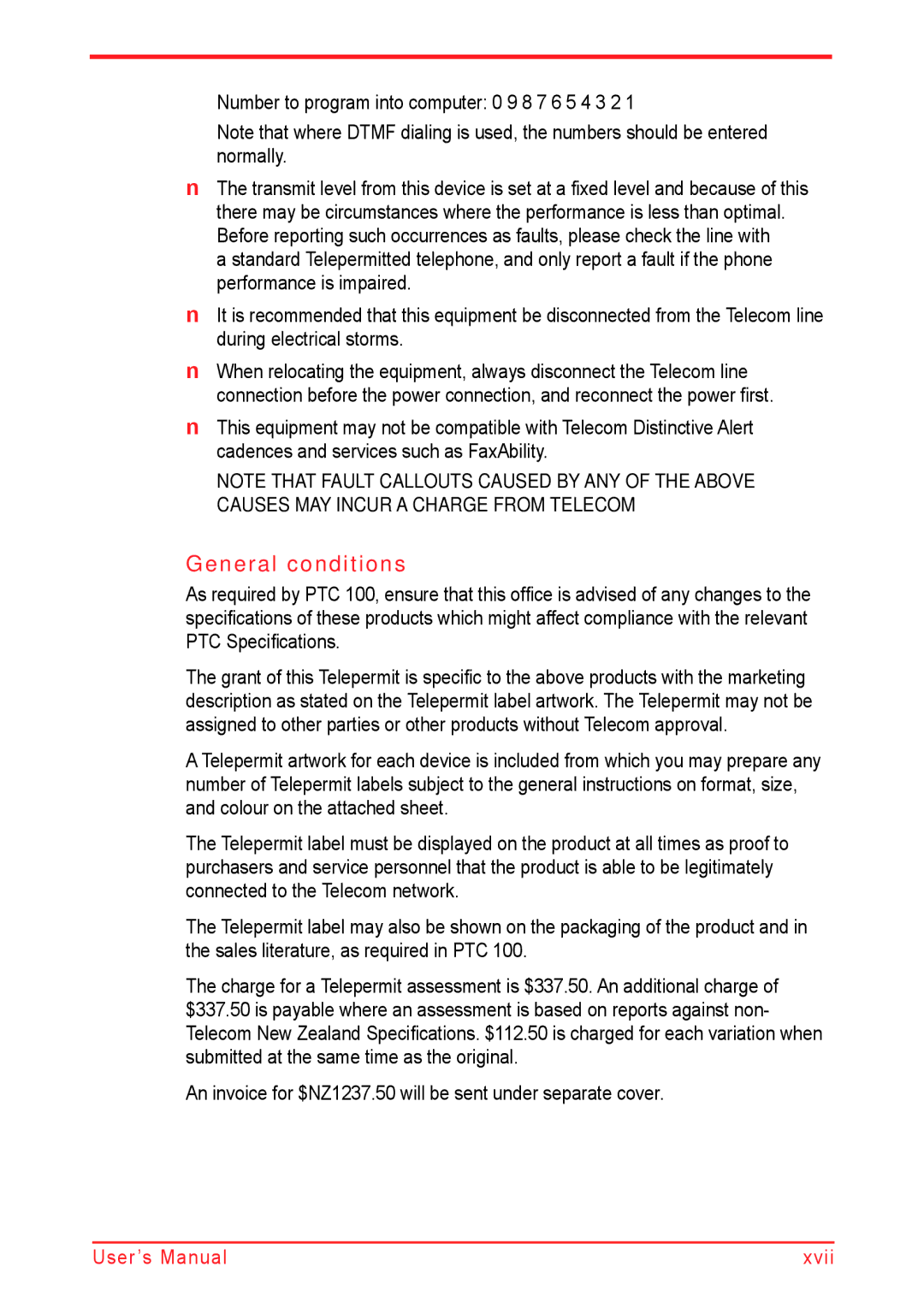 Panasonic U500D user manual General conditions, Number to program into computer 0 9 8 7 6 5 4 3 2 