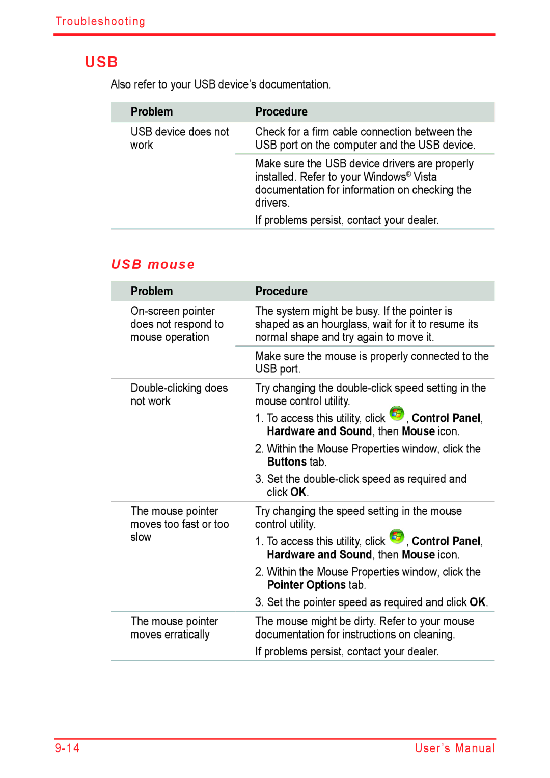 Panasonic U500D user manual USB mouse, Pointer Options tab 