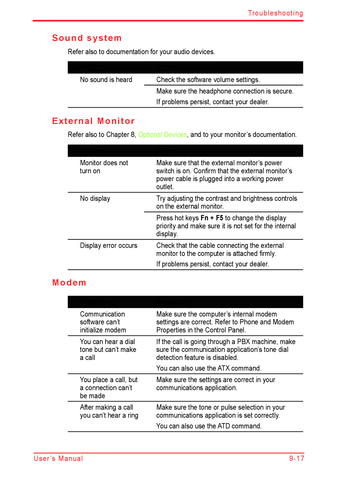 Panasonic U500D user manual Sound system, External Monitor, Modem 