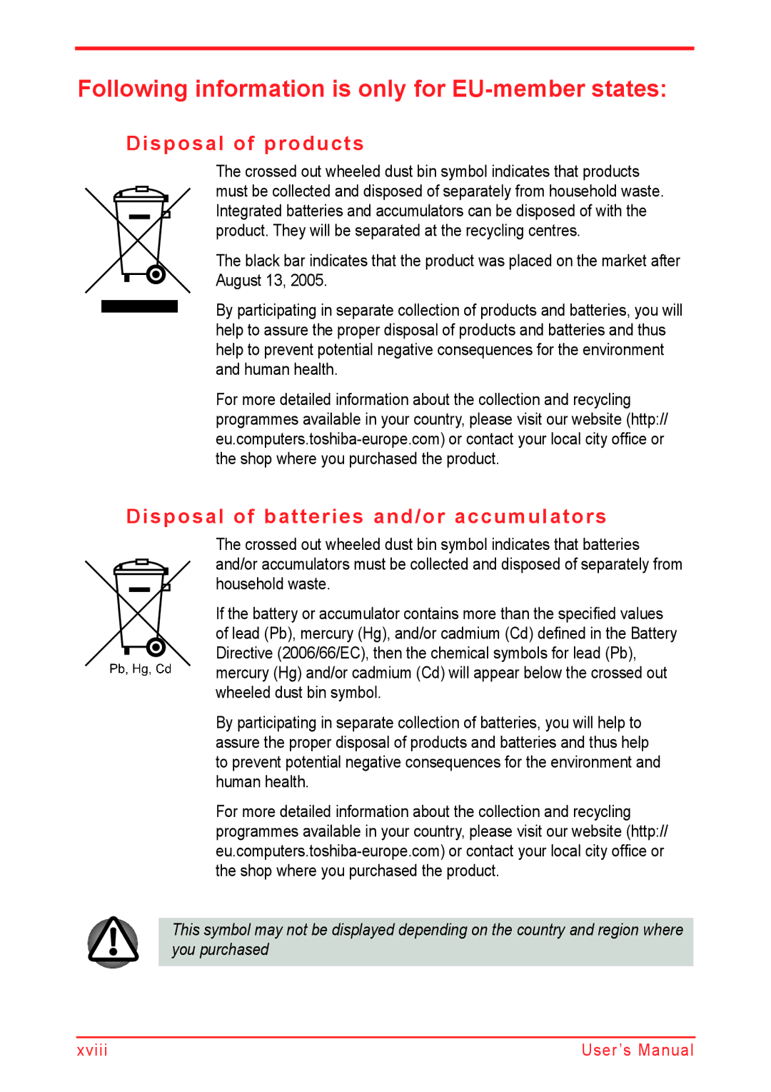 Panasonic U500D user manual Following information is only for EU-member states, Disposal of products 