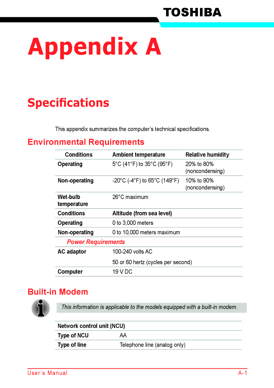 Panasonic U500D user manual Specifications, Environmental Requirements, Built-in Modem, Power Requirements, 10% to 90% 