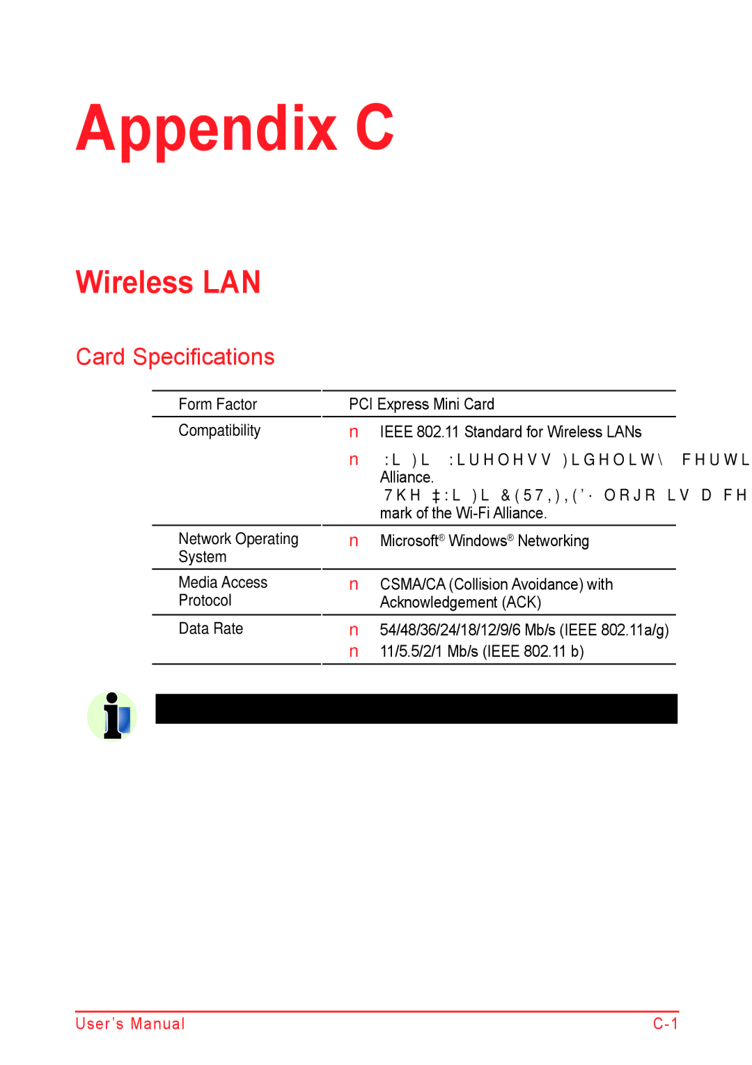 Panasonic U500D user manual Wireless LAN, Card Specifications 