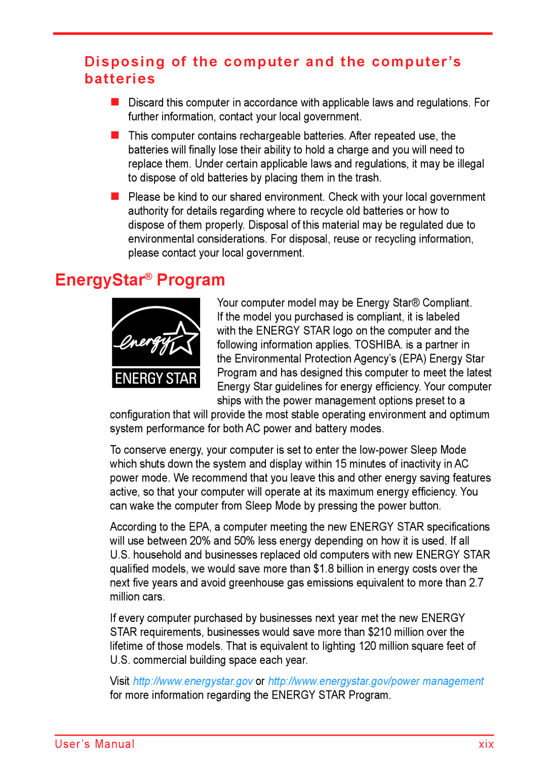 Panasonic U500D user manual EnergyStar Program, Disposing of the computer and the computer’s batteries 