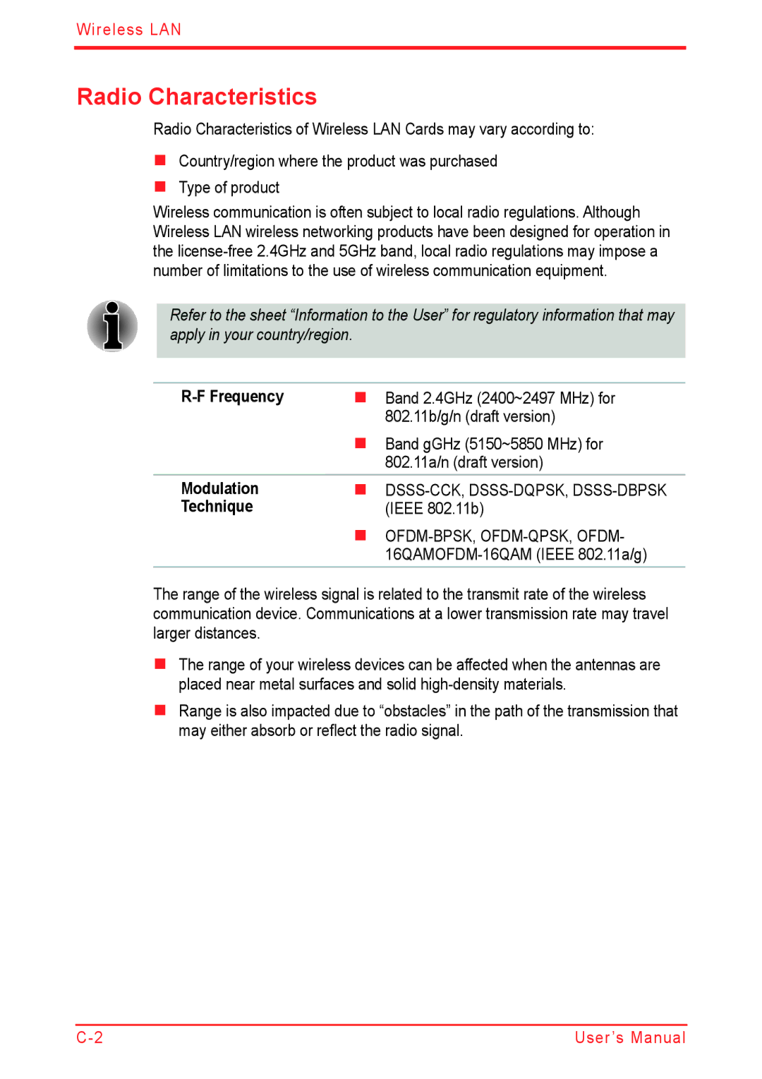 Panasonic U500D user manual Radio Characteristics, Frequency, Modulation, Technique 