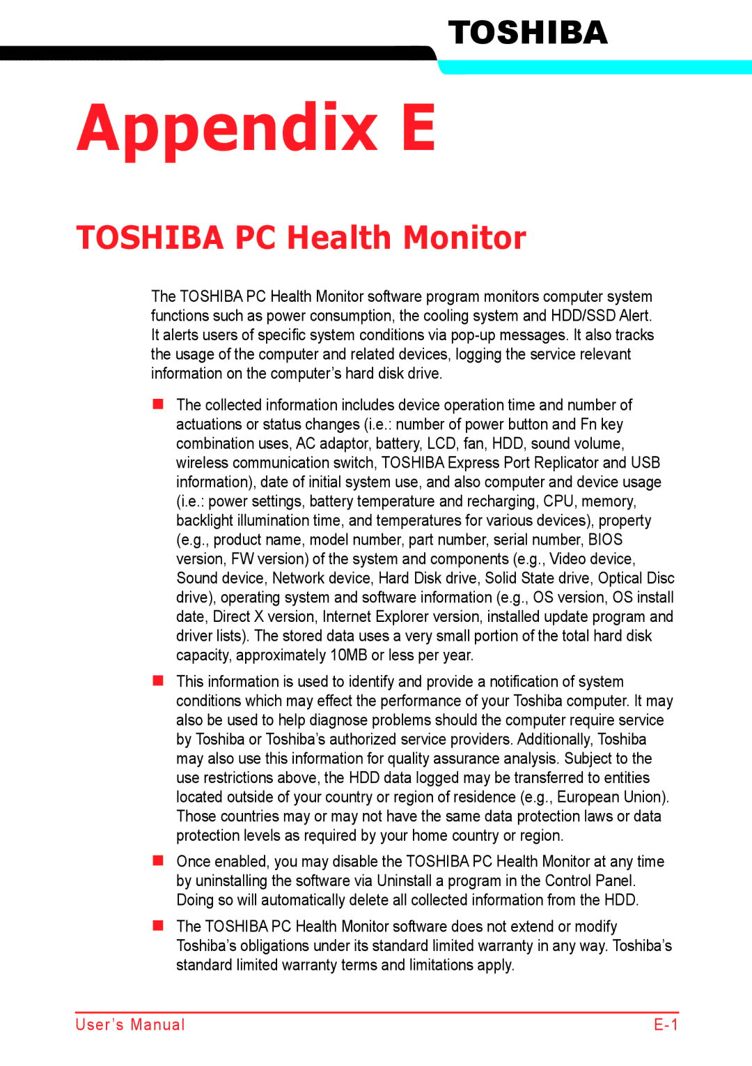 Panasonic U500D user manual Appendix E, Toshiba PC Health Monitor 