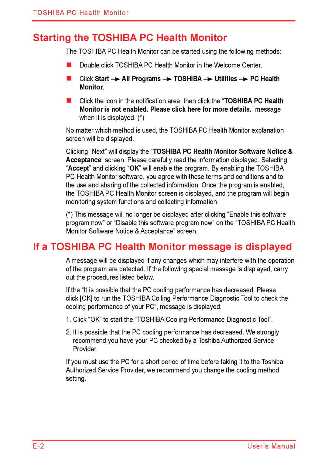 Panasonic U500D user manual Starting the Toshiba PC Health Monitor, If a Toshiba PC Health Monitor message is displayed 