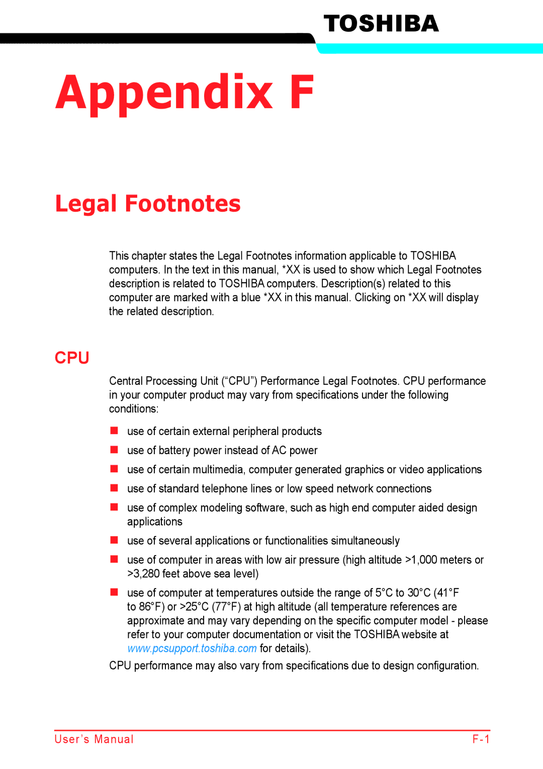 Panasonic U500D user manual Appendix F, Legal Footnotes 