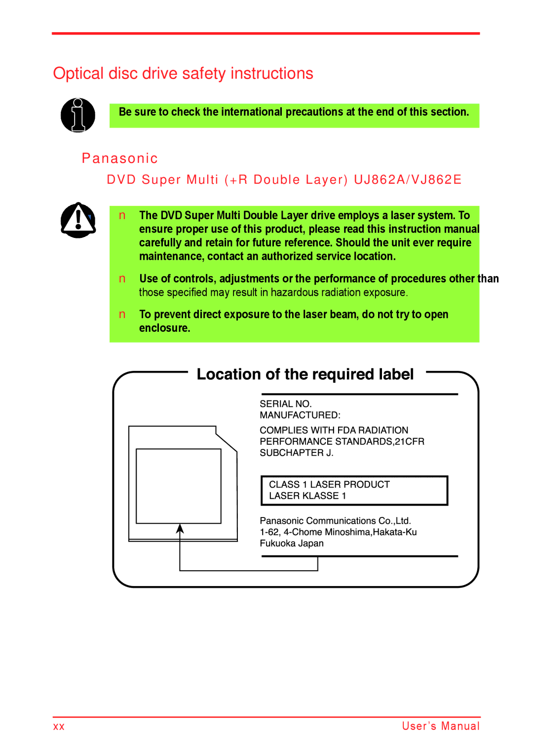 Panasonic U500D Optical disc drive safety instructions, Panasonic, DVD Super Multi +R Double Layer UJ862A/VJ862E 